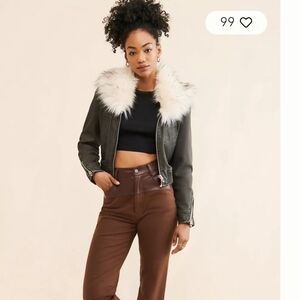 Women's Dark Green Faux Leather Jacket with Faux Fur Collar Sz S